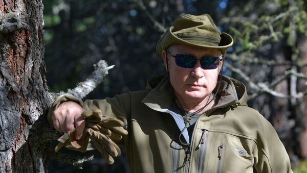 Президент РФ Владимир Путин во время прогулки в тайге. - Sputnik Азербайджан