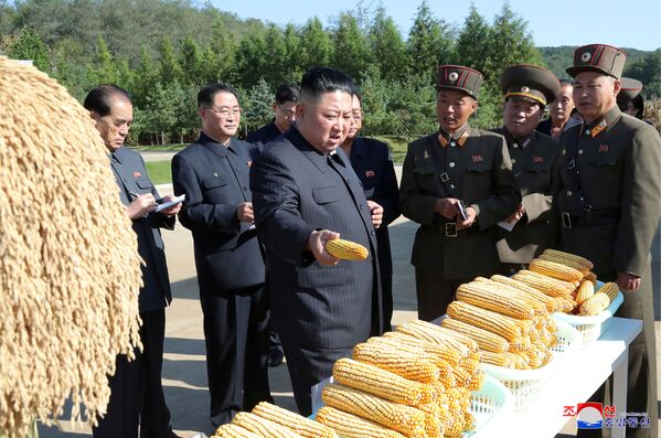 Северокорейский лидер Ким Чен Ын во время посещения фермы, КНДР - Sputnik Азербайджан