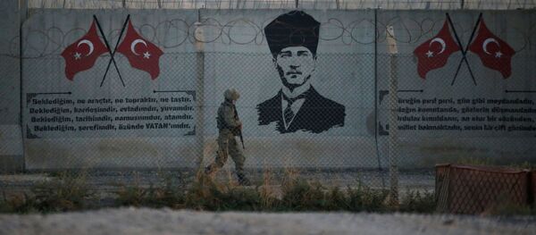 Турецкий солдат на турецко-сирийской границе в Акчакале в провинции Шанлыурфа, Турция Турецкий солдат на турецко-сирийской границе в Акчакале в провинции Шанлыурфа, Турция - Sputnik Азербайджан