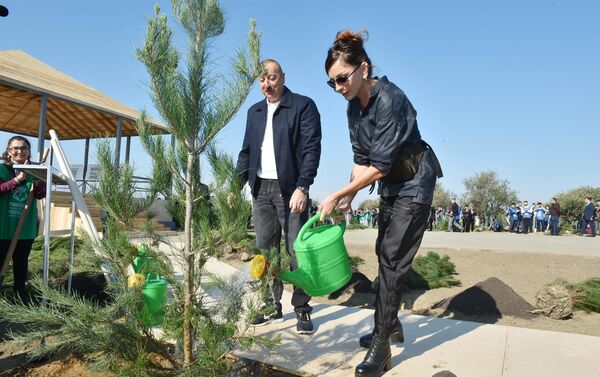 Президент Ильхам Алиев и Первая леди Мехрибан Алиева приняли участие в акции по посадке деревьев в Хатаинском районе Баку - Sputnik Азербайджан