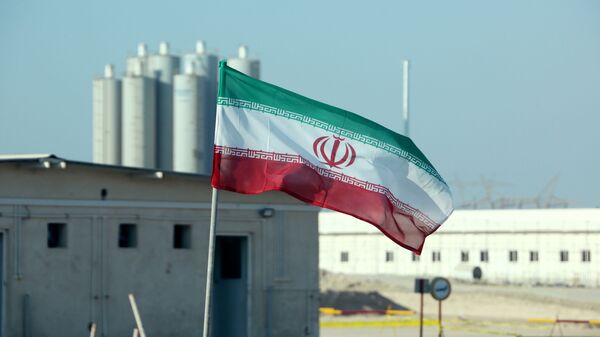 Иранский флаг на атомной электростанции в Бушере во время официальной церемонии запуска второго реактора - Sputnik Азербайджан