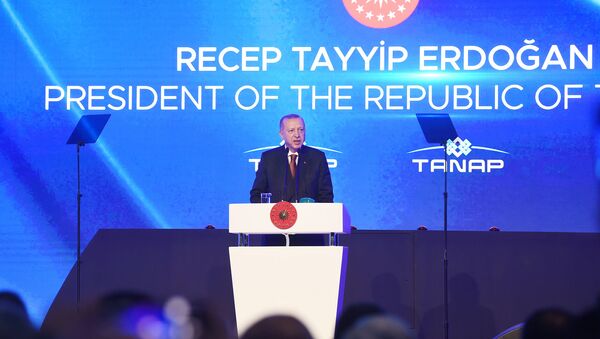 Президент Турции Реджеп Тайип Эрдоган на церемонии открытия части проекта TANAP, которая будет соединена с Европой - Sputnik Azərbaycan