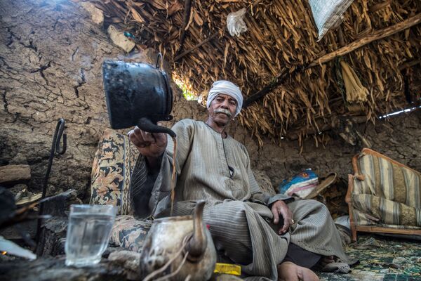 71-летний египетский фермер готовит чай в лачуге на своей ферме в деревне Бахармис к северо-западу от Каира, Египет - Sputnik Азербайджан