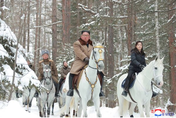 Лидер КНДР Ким Чен Ын вместе с женой верхом на лошади в регионе горы Пэктусан  - Sputnik Азербайджан