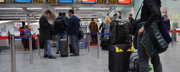 Пассажиры у стойки регистрации в аэропорту Пулково - Sputnik Азербайджан