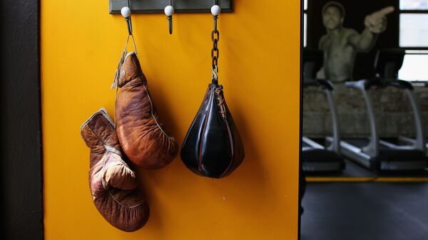 Комплект боксерских перчаток висит на стене в боксерском ринге - Sputnik Азербайджан
