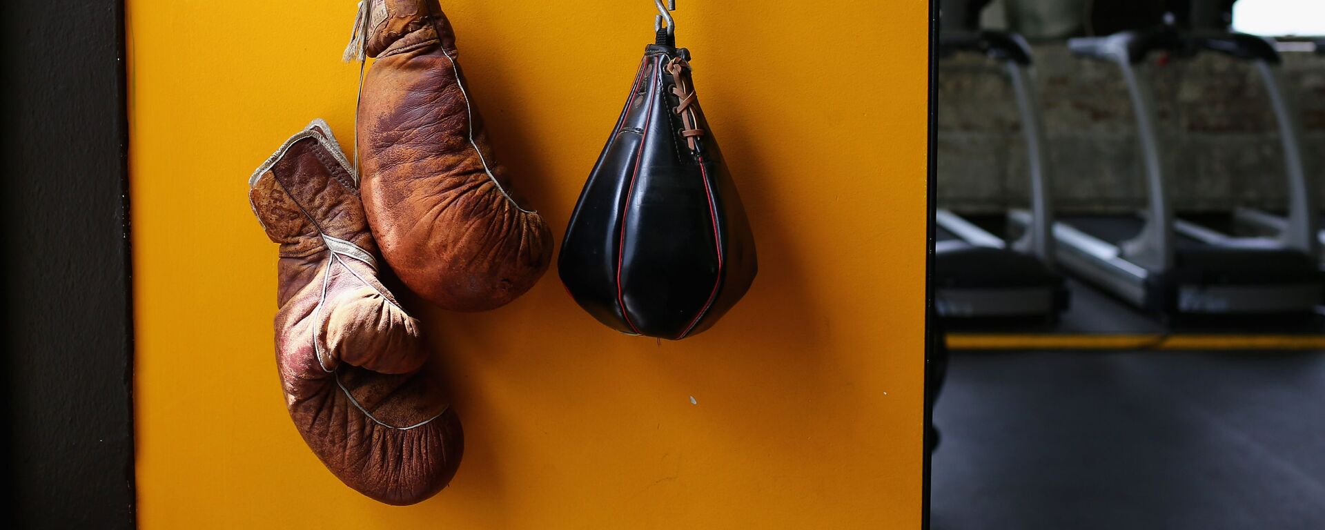 Комплект боксерских перчаток висит на стене в боксерском ринге - Sputnik Азербайджан, 1920, 14.04.2021