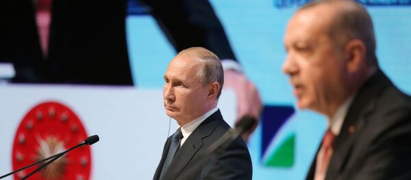 Президент России Владимир Путин и президент Турции Реджеп Тайип Эрдоган на церемонии завершения строительства морского участка газопровода Турецкий поток Президент России Владимир Путин и президент Турции Реджеп Тайип Эрдоган на церемонии завершения строительства морского участка газопровода Турецкий поток - Sputnik Азербайджан