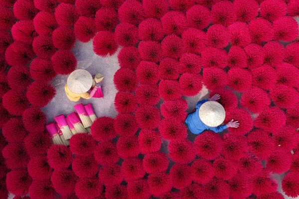 Вьетнамские женщины собирают сушеные ароматические палочки во дворе на окраине Ханоя, Вьетнам - Sputnik Азербайджан