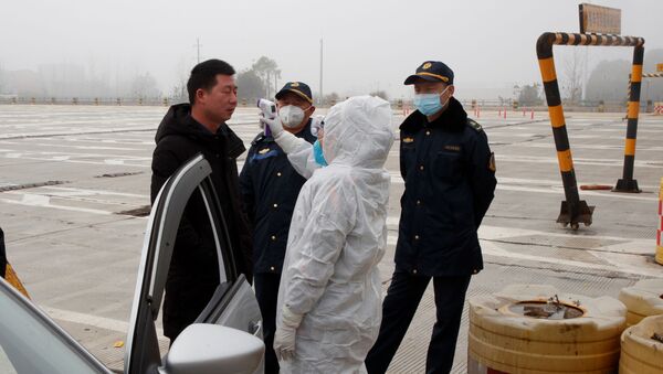 Медицинский работник проверяет температуру тела водителя на контрольно-пропускном пункте в провинции Хунань, Китай, 28 января 2020 года - Sputnik Azərbaycan