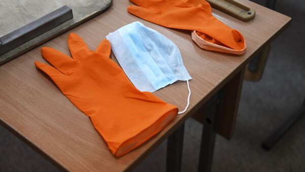 Медицинская маска и перчатки на парте - Sputnik Азербайджан