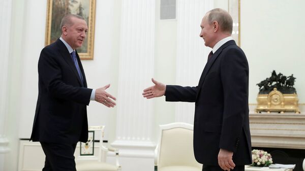 Президент РФ Владимир Путин и президент Турции Реджеп Тайип Эрдоган во время встречи - Sputnik Azərbaycan