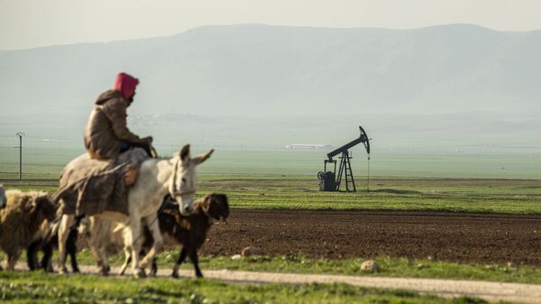Пастух на осле едет мимо нефтяного месторождения в Сирии - Sputnik Азербайджан