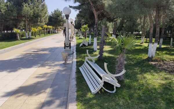 Перевернутые скамейки в парке - Sputnik Азербайджан