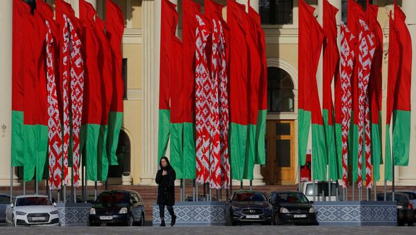На фоне государственных флагов Беларуси - Sputnik Azərbaycan