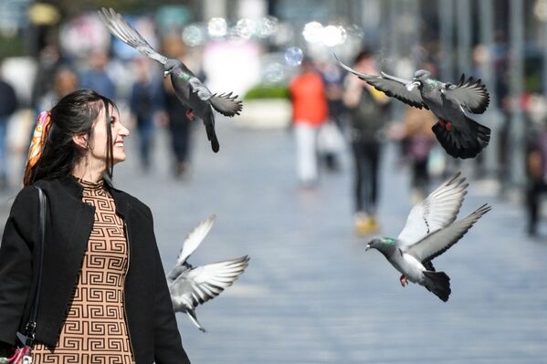 Девушка и голуби на одной из улиц в Баку - Sputnik Azərbaycan