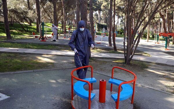 Мужчина проводит дезинфекционные работы в парке в Баку - Sputnik Азербайджан