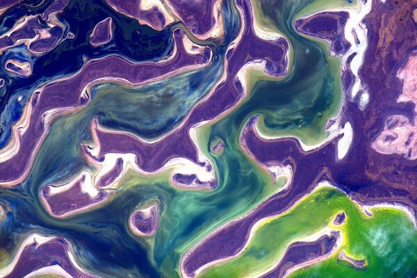 Снимок озера Тенгиз в Казахстане, сделанный американским астронавтом Скоттом Келли с борта МКС  - Sputnik Азербайджан