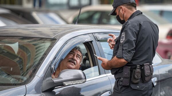 Сотрудник полиции проверяет разрешение водителя для выходы на улицу - Sputnik Азербайджан